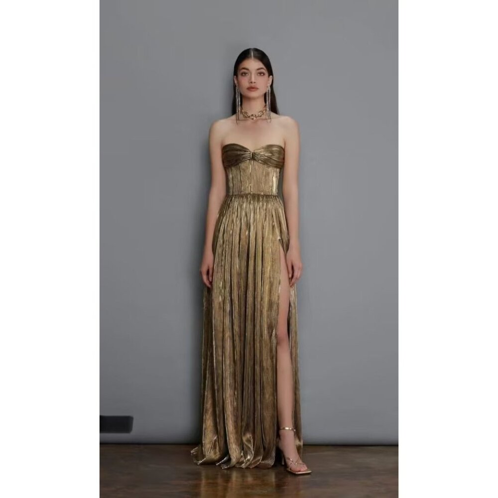 Bronx and Banco Metallic Gold Strapless Pleated Gown - Picture 14 of 16